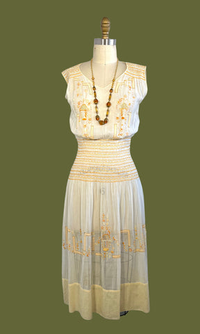 PLEASANT FOLK 1920s Hungarian Embroidered Smocked Dress • Small