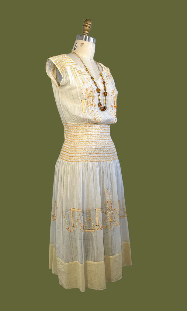 PLEASANT FOLK 1920s Hungarian Embroidered Smocked Dress Small PLEASANT FOLK 1920s Hungarian Embroidered Smocked Dress Small