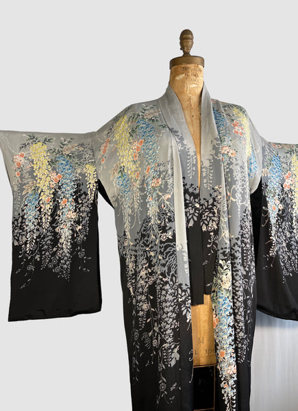 JAPANESE GARDEN 30s Blossom Print Silk Kimono • Open Size