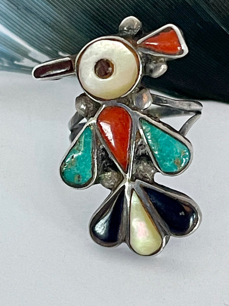 PEYOTE BIRD Vintage Zuni Multi Stone Inlay Ring, Size 5