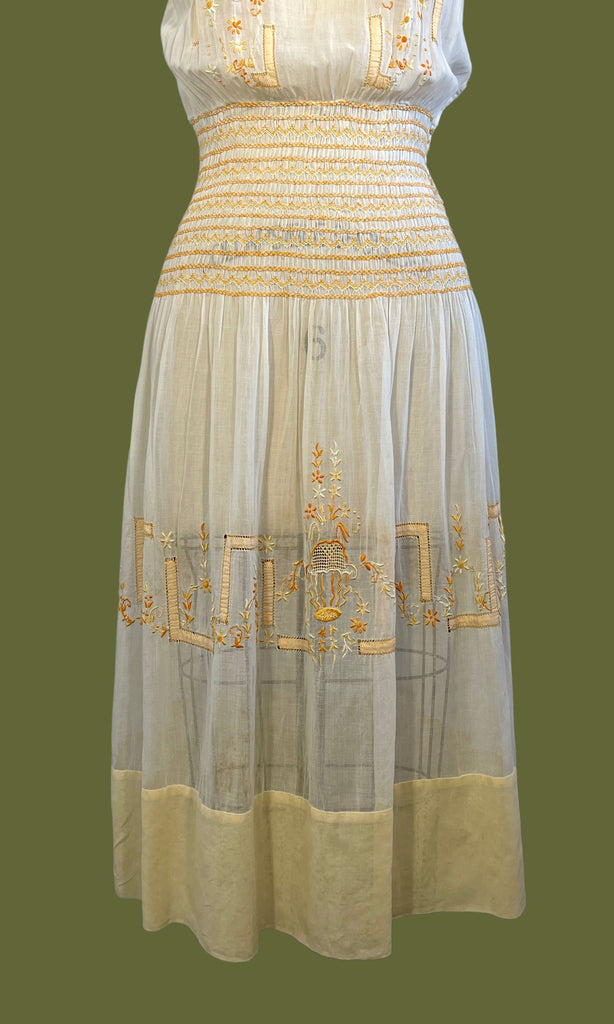 PLEASANT FOLK 1920s Hungarian Embroidered Smocked Dress Small Love Street Vintage PLEASANT FOLK 1920s Hungarian Embroidered Smocked Dress Small Love Street Vintage