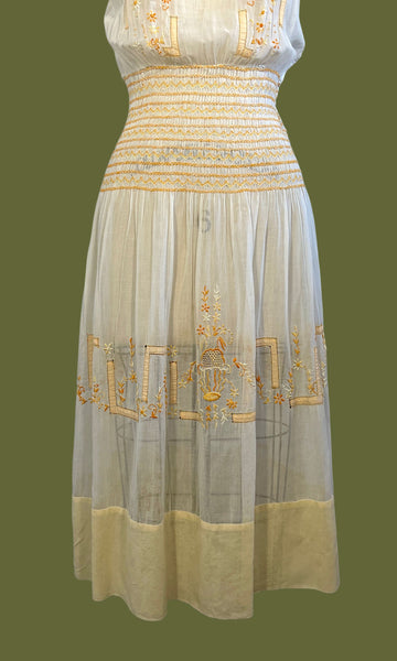 PLEASANT FOLK 1920s Hungarian Embroidered Smocked Dress • Small