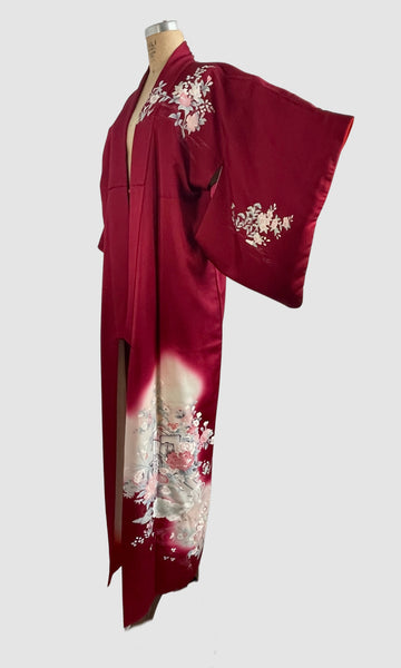 JAPANESE GARDEN 70s Traditional Kimono Floral Peacock Print • Open Size