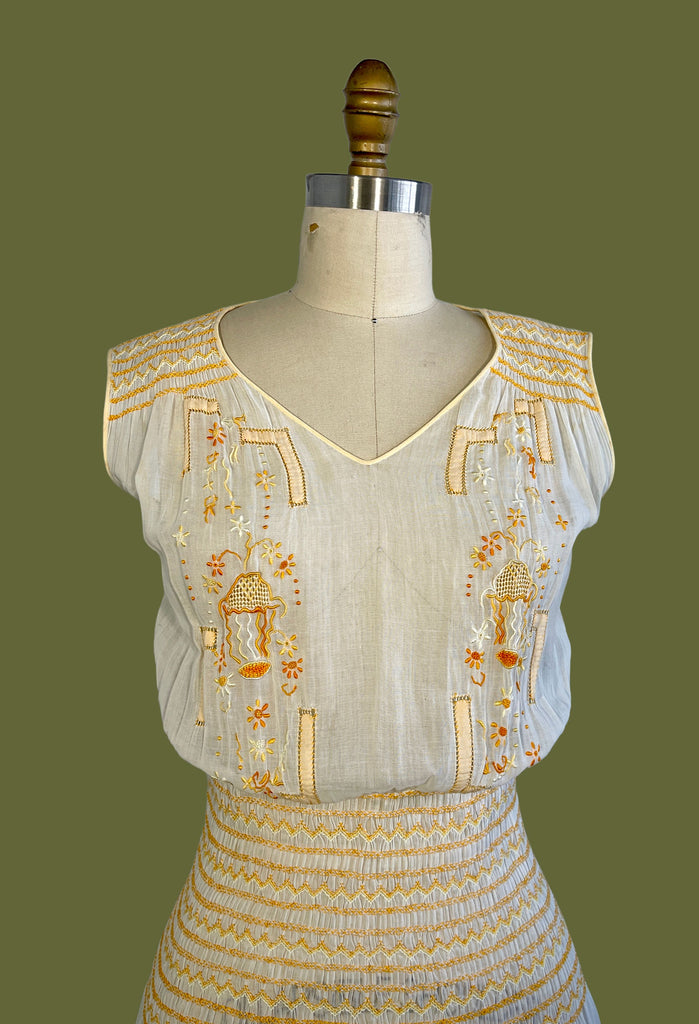 PLEASANT FOLK 1920s Hungarian Embroidered Smocked Dress Small Love Street Vintage PLEASANT FOLK 1920s Hungarian Embroidered Smocked Dress Small Love Street Vintage