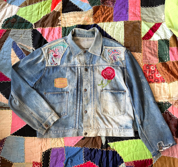 NATIVE FUNK & FLASH 60s Psychedelic Embroidered Jean Jacket • Mens X Large