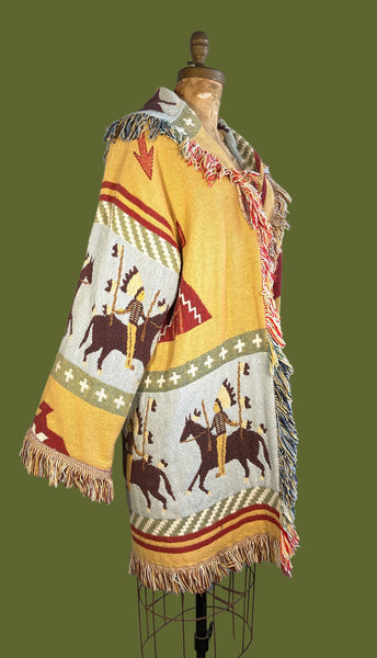 WESTWORLD 80s Southwestern  Fringed Blanket Coat • Open Size