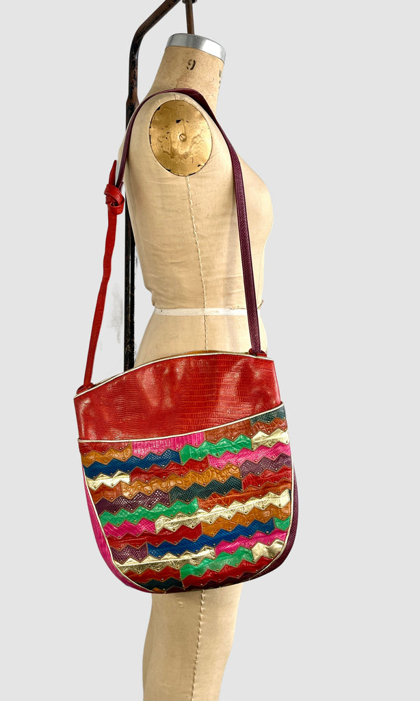 Sharif Museum Wave Leather Patchwork Zip Top Crossbody Bag w
