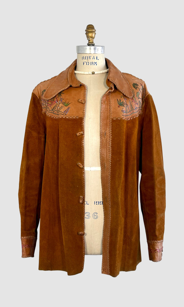 CHAR 70s Mens Hand Painted Golden Eagle Leather & Suede Jacket, X Large