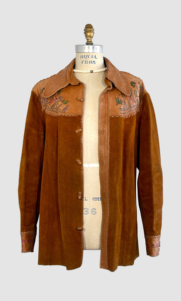 CHAR 70s Mens Hand Painted Golden Eagle Leather & Suede Jacket, X Large