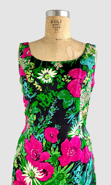 MR. BLACKWELL 50s Silk Floral Dress with Fringe • Medium