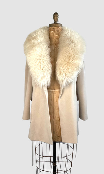 GLAM IT UP 70s Belted Wool Coat with Faux Fur Collar, Size Medium