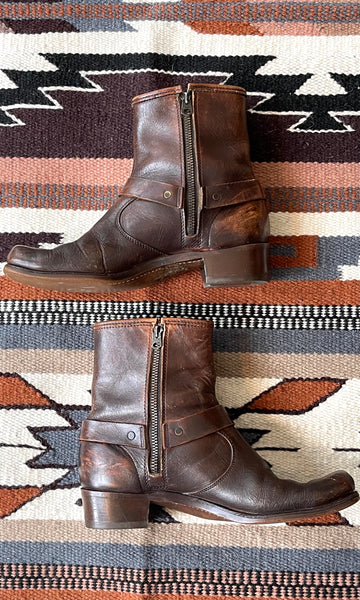 MOTO BOOTS Vintage 70s Brown Leather Buckled Bootie,  Size 9 1/2 to 10