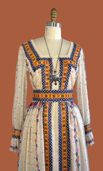 OSCAR DE LA RENTA 70s Folk Print Dress • Small Medium