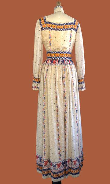 OSCAR DE LA RENTA 70s Folk Print Dress • Small Medium