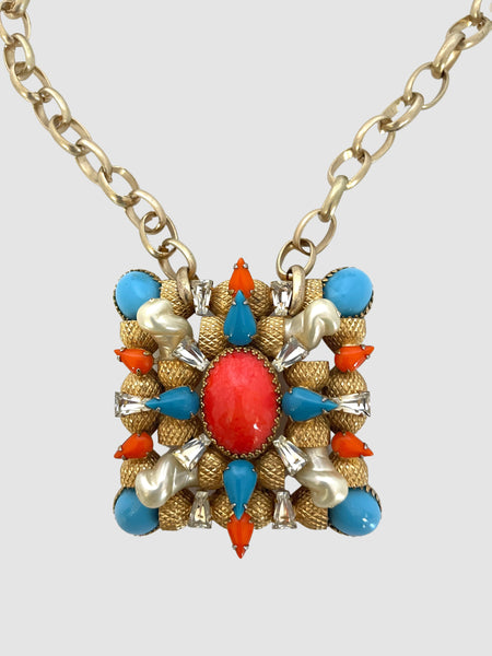 SCAASI Midcentury Necklace with Coral and Turquoise Color Cabochons