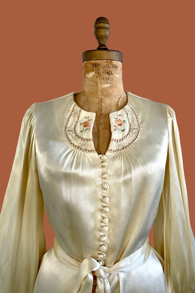 POLISHED BOHEMIAN 70s Sateen Embroidered Blouse with Bishop Sleeves, Medium
