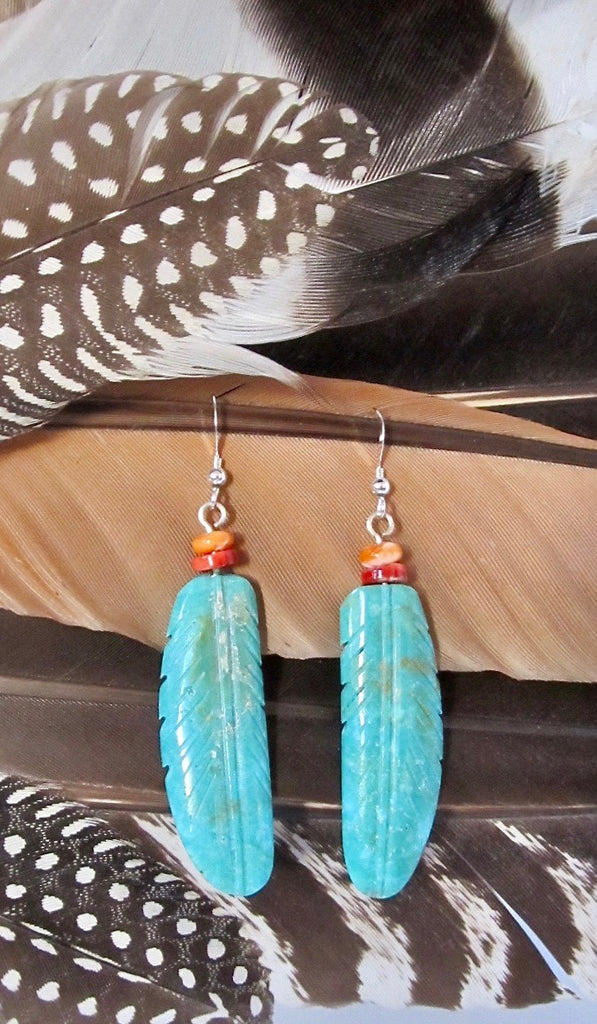 FINE FEATHER Navajo Carved Stabilized Turquoise Dangle Earrings