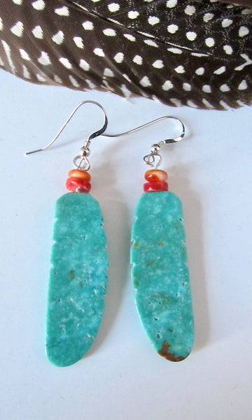 FINE FEATHER Navajo Carved Stabilized Turquoise Dangle Earrings