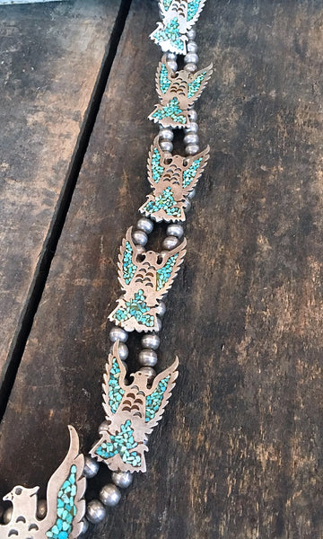 Vintage 1970s Necklace | Falcon Squash Blossom Inlay Turquoise Sterling Silver | Navajo, Southwestern Native American  Jewelry, Boho Hippie