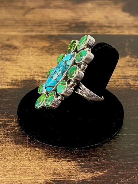 FLOWER POWER Silver and Turquoise Floral Cluster Ring, Size 9 1/4