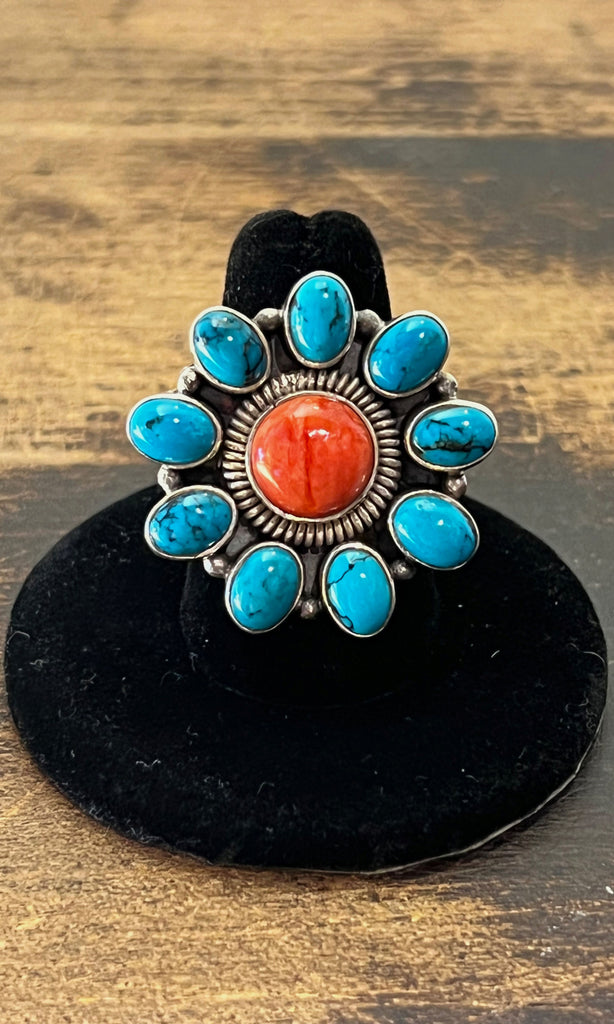 FLOWER POWER Sterling Silver Coral & Howlite Shadowbox Ring, Size 7