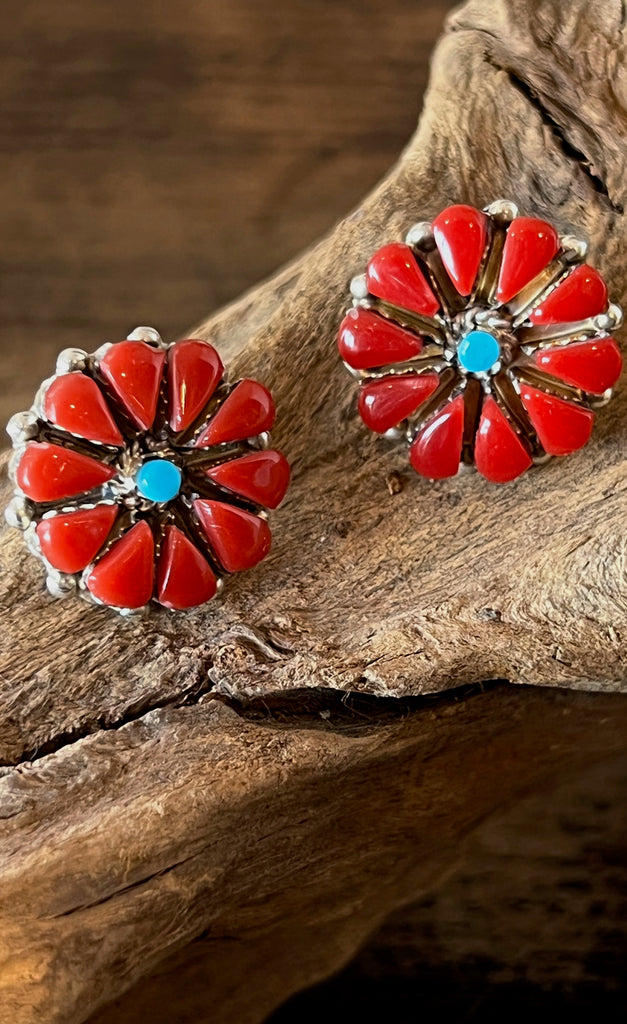 FLOWER POWER Petite Point Spiny Oyster Turquoise & Silver Navajo Earrings