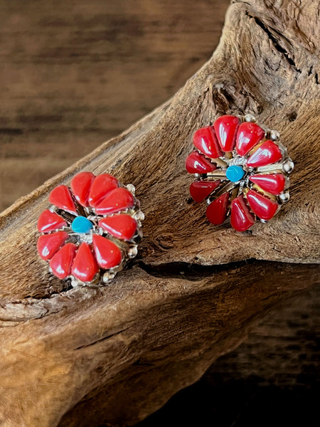 FLOWER POWER Petite Point Spiny Oyster Turquoise & Silver Navajo Earrings