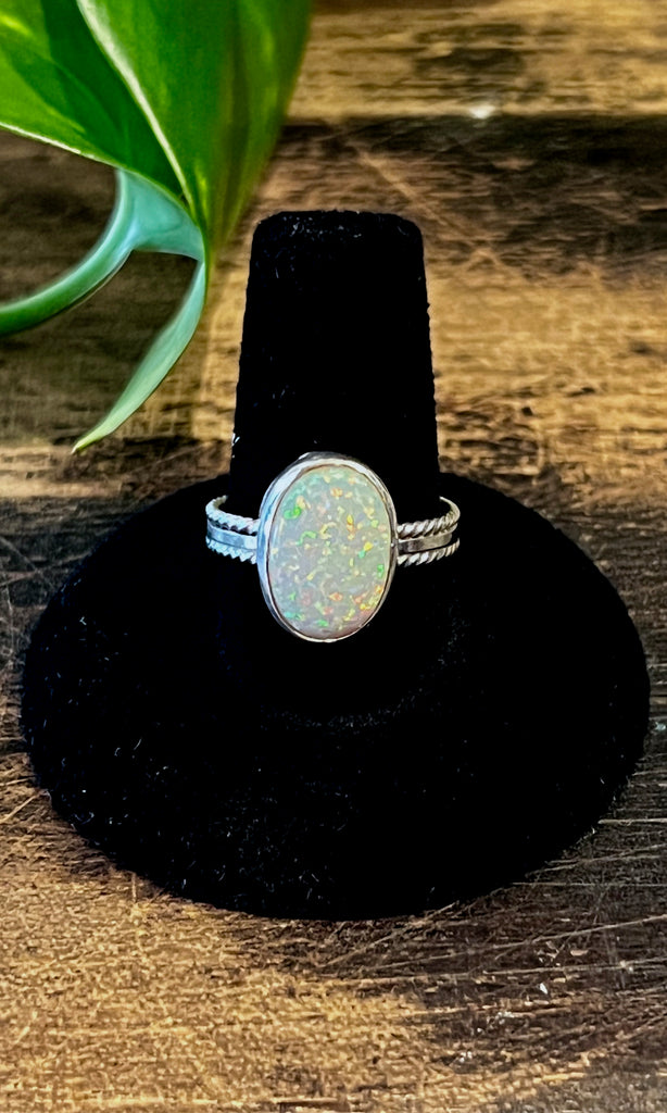 IRIDESCENT OVAL Sterling Silver and Opal Ring, Size 5 1/2, 8
