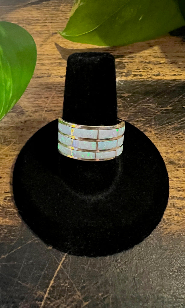 IRIDESCENT GRID Sterling Silver and Opal Inlay Ring, Size 7, 9.5