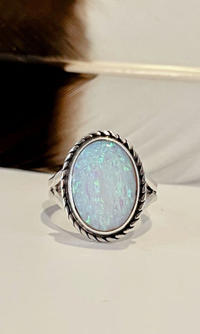 IRIDESCENT OVAL Sterling Silver and Lab Opal Ring, Size 5 1/2