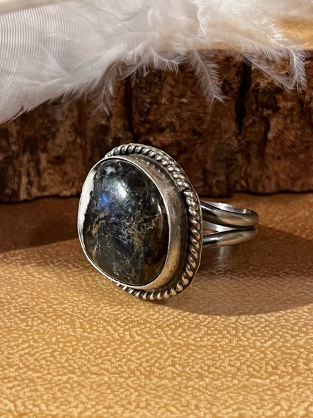 WHITE BUFFALO OBSCURA Turquoise Silver Statement Navajo Ring, Size 8