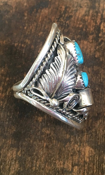 MAKE A STATEMENT Navajo Turquoise Silver Ring with Handcrafted Badger Claw, Sz 11.5