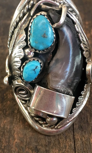 MAKE A STATEMENT Navajo Turquoise Silver Ring with Handcrafted Badger Claw, Sz 11.5