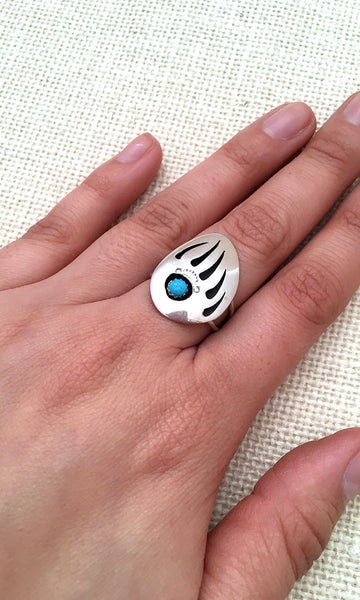 BEAR PAW Native American Shadowbox Claw Silver & Turquoise Ring