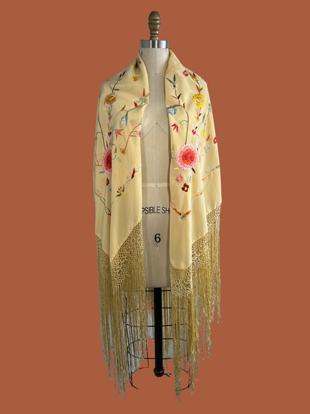 1950's-70's Floral Embroidered Fringe Piano Shawl, One Size