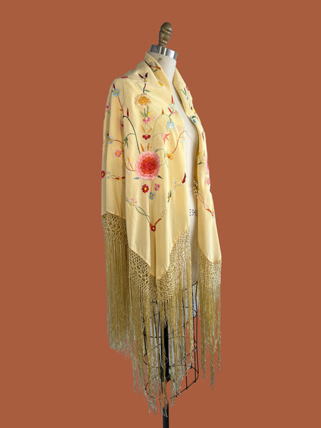 1950's-70's Floral Embroidered Fringe Piano Shawl, One Size