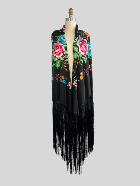 Black Floral Embroidered Fringe Piano Shawl, One Size