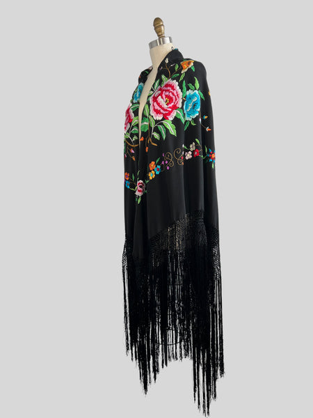 Black Floral Embroidered Fringe Piano Shawl, One Size