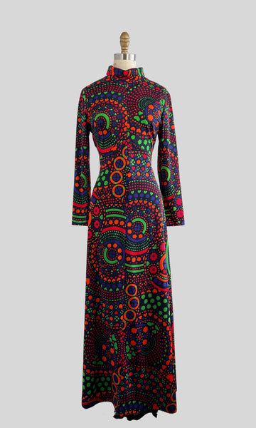 PSYCHEDELIC SWIRL 70s Jersey Knit Maxi Dress by I. Magnin, Medium