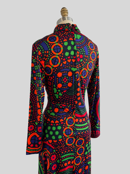 PSYCHEDELIC SWIRL 70s Jersey Knit Maxi Dress by I. Magnin, Medium