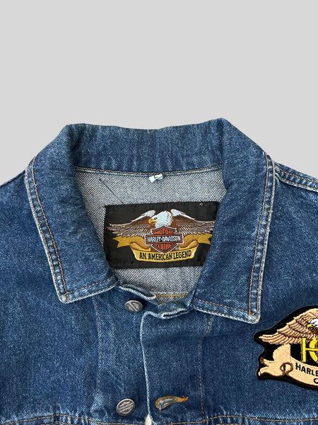 Vintage 1990's Harley Davidson Medium Wash Patched Denim Trucker Jacket, Size Large