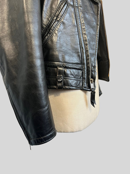 LEATHER FOREVER 1970s Black Leather Motorcycle Jacket, Men's Size S/M