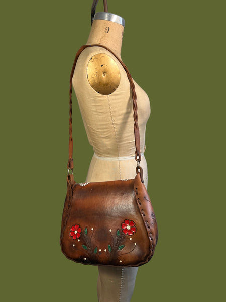 FLORAL MAGIC 1970s Floral Leather Mexican Shoulder Bag