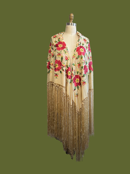 FLOWER SHOW 1930's 1940's Floral Embroidered Fringe Piano Shawl, One Size