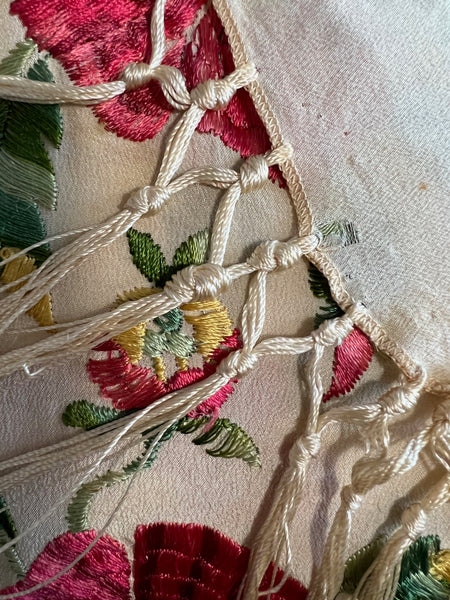 FLOWER SHOW 1930's 1940's Floral Embroidered Fringe Piano Shawl, One Size
