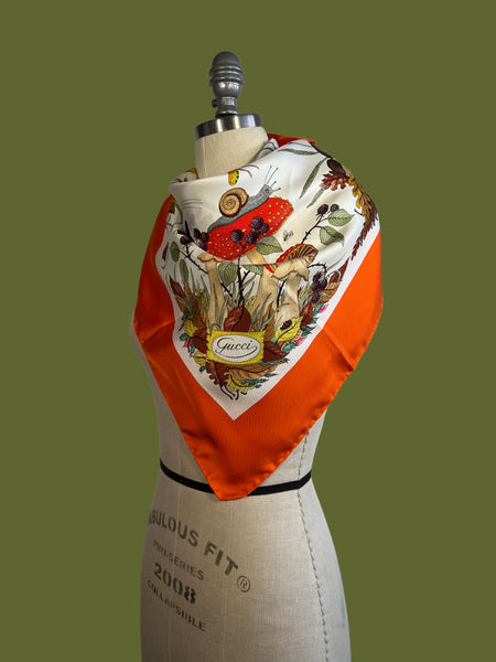 GUCCI FALL Vintage Orange Mushroom Motif Silk Scarf, Made in Italy