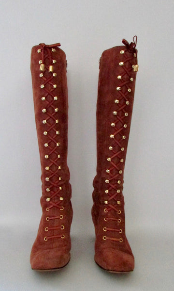 HERBERT LEVINE 60s Rust Suede Lace up Hippie Granny Boots, Size 8 - 8 1/2