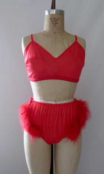 BABYDOLL 60s Red 3 Piece Lingerie Set, Panties Bra & Bed Jacket, Med Lg