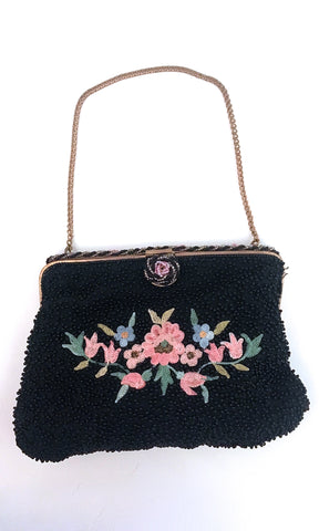 LE PETIT JARDIN 1950s Black Beaded & Floral Embroidered Purse