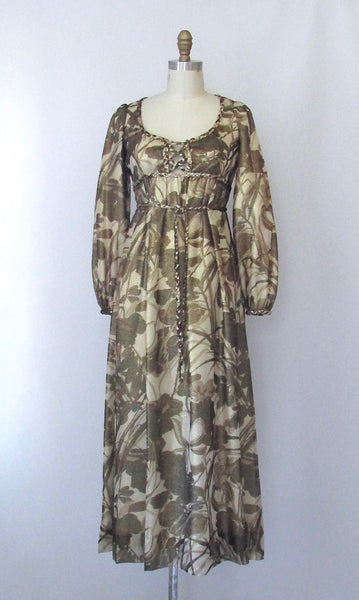GOLDEN RENAISSANCE 1960s Floral Gold Metallic Empire Waist Maxi Gown, Size Small